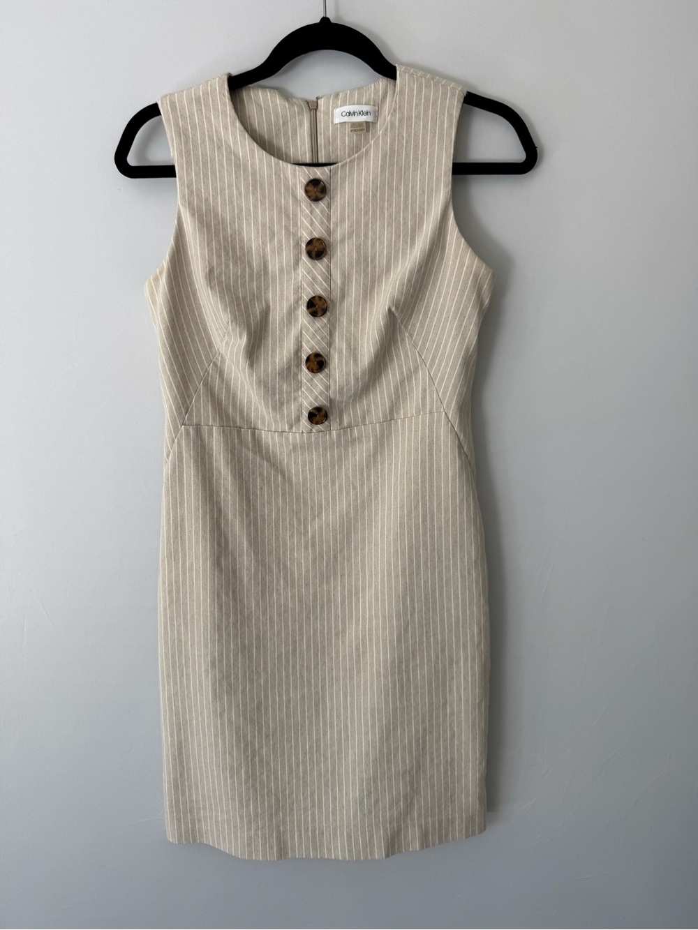Calvin Klein “Rhea” Khaki Pinstripe Sleeveless Sheath Dress 8P
